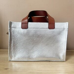 Metallic Silver Tote with Brown Leather Handles